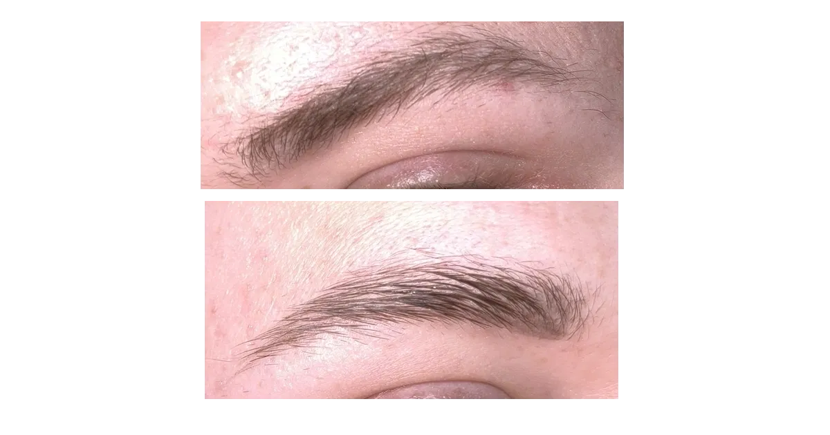 Swatch des Maybelline Brow Mascara Fast Sculpt in 10 Clear. Oben ohne Produkt, unten mit Produkt.