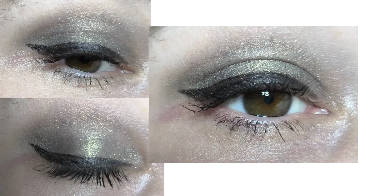 Swatch des Sisley Long lasting radiant eyeshadow in 25 Metallic Khaki zusammen mit dem essence eyeliner pen extra long-lasting 010 blackest black und dem M&bull;A&bull;CSTACK Mascara Black Stack.