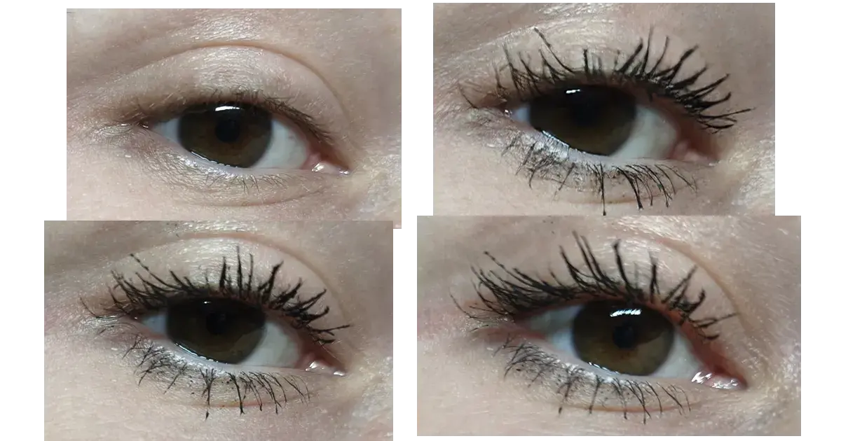 Swatch des essence lash princess lengthening eye sets. Oben links: ohne Produkt; alle anderen: mit Produkt.